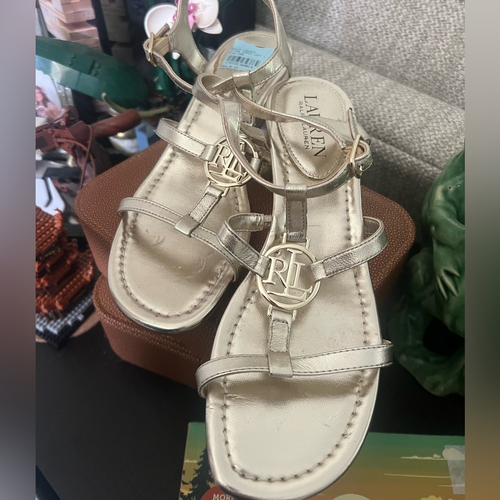 Lauren Ralph Lauren leather Sandals 6.5 New metallic gold elina sandal wedge